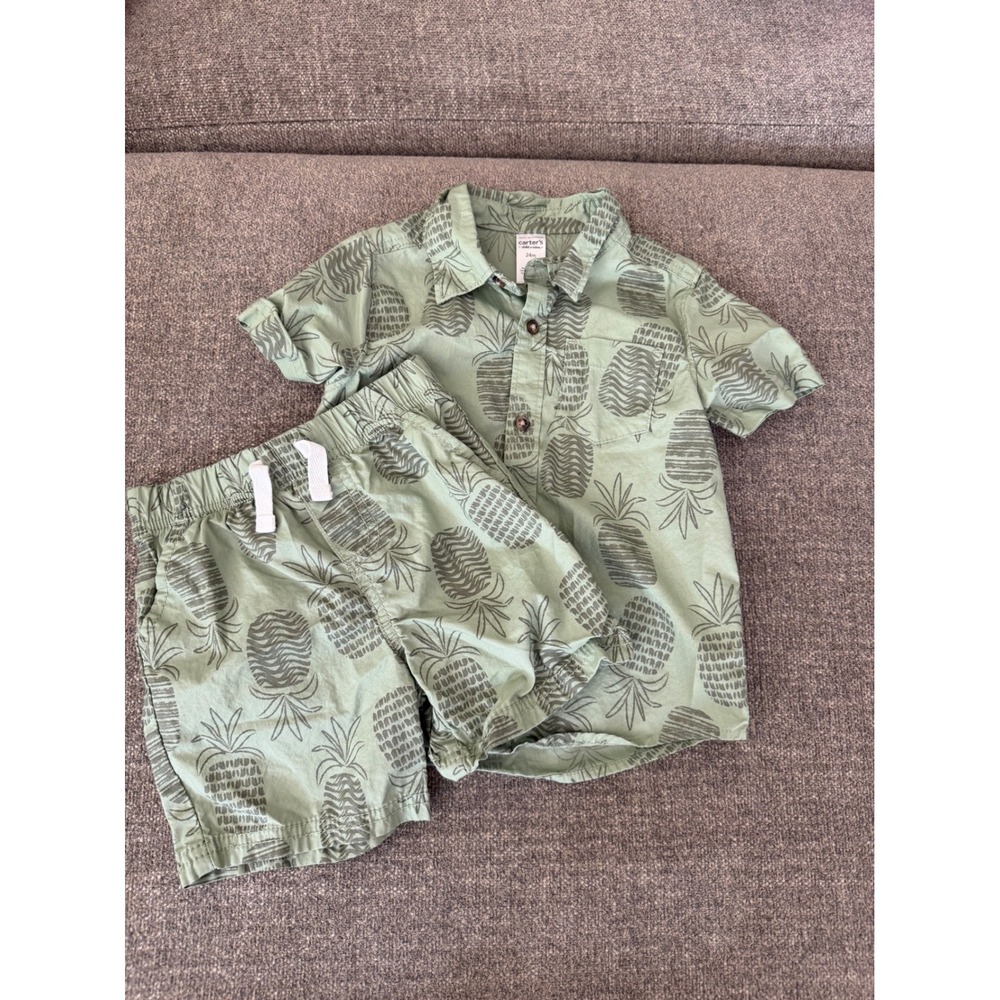 Carters Toddler Boys 24M Pineapple Shirt and Shorts Set Sage Green 2pc Outfit